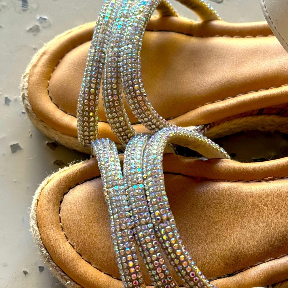 Girls Size 11.5. White & Silver Wedge Sandals with Sparkly Straps